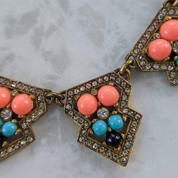 J. Crew antiqued gold tone orange/peach & blue statement necklace, rhinestones - Picture 5 of 11